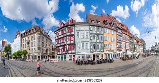 Erfurt, Germany - July 29, 2018: people at the central square in front of the cathedral at the city of Erfurt, Germany. Erfurt is the Capital of Thuringia and the city was first mentioned in 742.