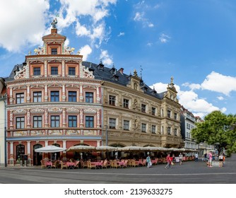 Erfurt, Germany - July 29, 2018: facade at house  ZUM BREITEN HERD  engl: House of wide oven at Fischmarkt, Erfurt, Thuringia, Germany, Europe