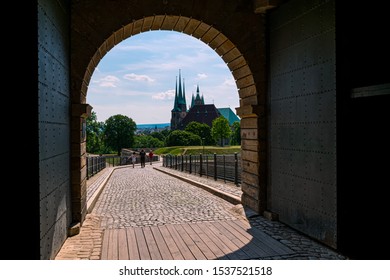 Erfurt, Germany-June 19,2019: Citadel on the Petrsberg with view through the entrance gate to the cathedral