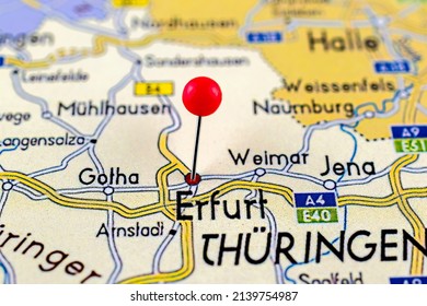 Erfurt pinned on a map of Germany. Map with red pin point of Erfurt in Germany.