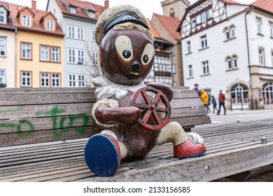 Erfurt, Thuringia, Germany, 2022 February 20th: Statue of Pittiplatsch, Pitti, a famous children tv character (KiKa)