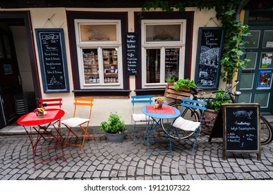 Erfurt, Thuringia, Germany - 31 August 2020: Cafe on Krämerbrücke (Merchants' Bridge), Erfurt, Germany