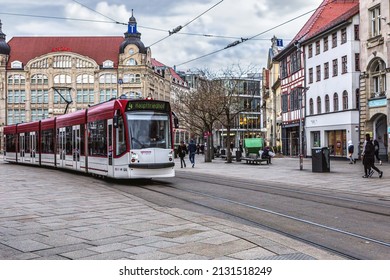 Erfurt, thuringia, germany - February 20th, 2022: Tramway at the town centre of erfurt city on its way to main cemetery; public tram traffic scenery