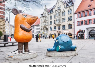 Erfurt, thuringia, germany - February 20th, 2022: Statue of the mouse and the elephant of MouseTV (Kika, Die Sendung mit der Maus) at the town centre of erfurt city