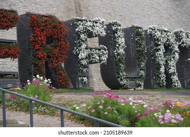 Erfurt,Thuringia Germany october  8 2021: the sign of city erfurt with flowers          