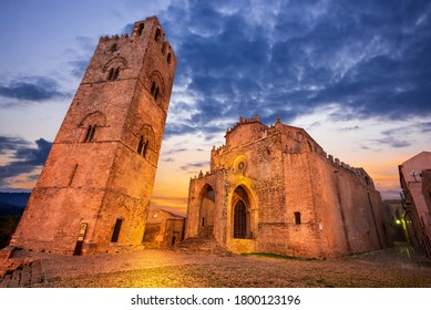 Erice, Sicily - Santa Maria Basilica, Norman Architecture In South  Of Italy, Twilight View.