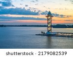Erie, Pennsylvania, USA and tower on Lake Erie at dusk.