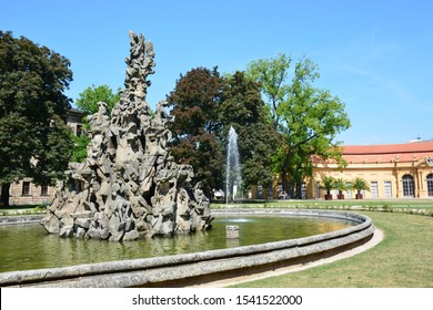 Erlangen, Bavaria / Germany – 2018.07.19: Huguenots Fountain In The City Of Erlangen, Bavaria, Germany