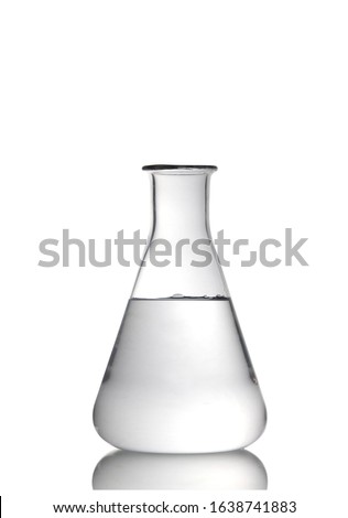 Erlenmeyer flask glassware with water and reflection isolated on white background
