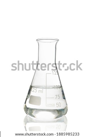 Erlenmeyer flask glassware with water and reflection isolated on white background with clipping path.