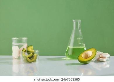 An erlenmeyer flask of green liquid displayed with pieces of coconut and slices of avocado. Green background. Testing modern technological tools close up factory research