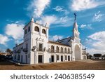 Ermita del Rocio, Huelva, Andalusia, Spain, in perspective with blue sky with clouds and full daylight