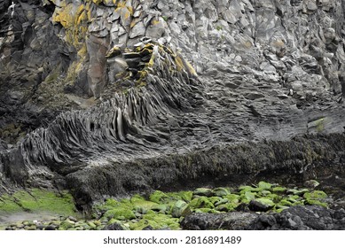 Eroded basalt column formations at Londrangar in Iceland