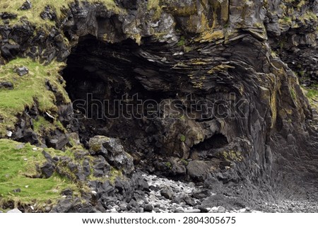 Eroded basalt column formations at Londrangar in Iceland