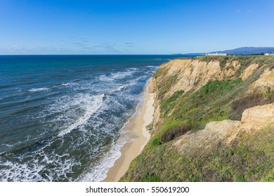 Eroded cliffs and sandy beach, Pacific Ocean, Half Moon Bay, California