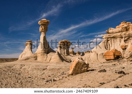Eroded rocks during golden hour against a blue sky in the „Valley of Dreams“ section of Ah-She-Sle-Pah wilderness in New Mexico, USA