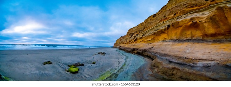 Eroded Sandstone California Cliffs And Torrey Pines State Beach Landscape Scenic View At La Jolla Shores North Of San Diego,USA