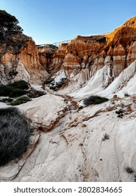 Eroded sandstone cliffs and white sandy gullies bathed in warm sunlight with coastal vegetation, a winding dry stream bed leading through layered orange and white rock under clear blue sky