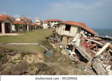 Erosion At Seaside Resort From Climate Change Situation, Wave Broken Building, Very Unsafe, Danger, Environment Risk Of Worldwide When Sea Level Rise By Warming, Scene At Cua Dai, Hoi An, Vietnam