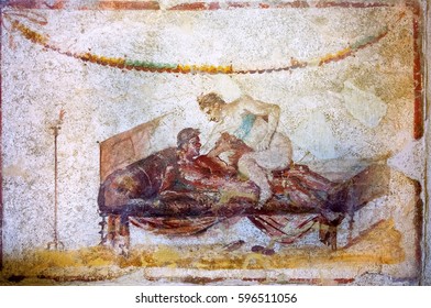 Erotic Art In Pompeii. Ancient Roman Fresco In Pompeii Brothel