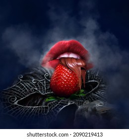Erotic concept design – red passionate lips eating aphrodisiac foods strawberry and chocolate. A mask and handcuffs in the smoky background. Mysterious and passionate feeling. 