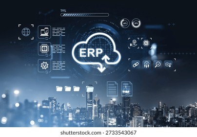 ERP cloud system interface with digital icons and data elements, futuristic style, over cityscape background. Concept of enterprise software solutions