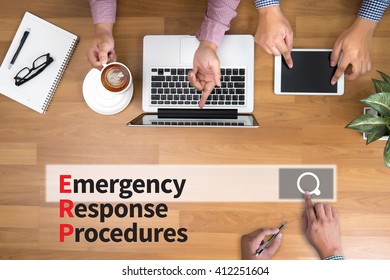 ERP As Emergency Response Procedures Man Touch Bar Search And Two Businessman Working At Office Desk And Using A Digital Touch Screen Tablet And Use Computer, Top View