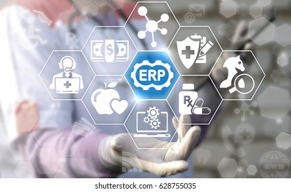 ERP (Enterprise Resource Planning) Health Care Concept. Doctor Offers Erp Cogwheel Icon On Virtual Medical Screen. Medicine Help Strategy. Support Strategic Clinic Plan Technology. Hospital Logistic.