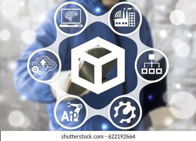 ERP - Industrial Enterprise Resource Planning Concept. Worker Touched 3d Cube Icon On Virtual Screen. Strategy Industry 4.0 Computing Web Technology. Strategic Plan Manufacturing. Manufacture Develop.