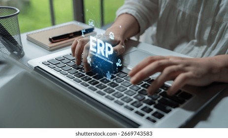 ERP platform visual showing centralized system for enterprise resource planning, improving integration, data flow, business efficiency, finance, inventory, and human resources. Spline