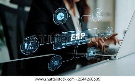 ERP platform visual showing centralized system for enterprise resource planning, improving integration, data flow, business efficiency, finance, inventory, and human resources. Muxer