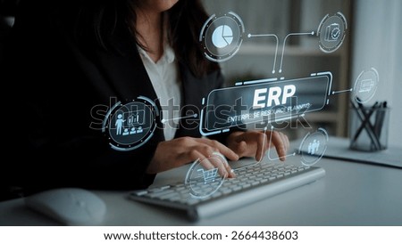 ERP platform visual showing centralized system for enterprise resource planning, improving integration, data flow, business efficiency, finance, inventory, and human resources. Muxer