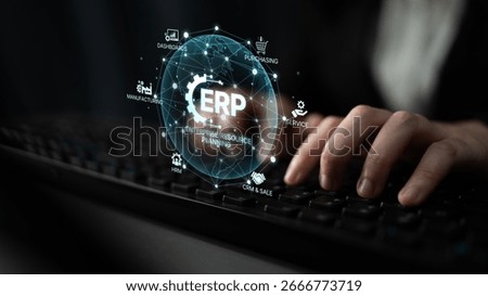 ERP platform visual showing centralized system for enterprise resource planning, improving integration, data flow, business efficiency, finance, inventory, and human resources. Spline