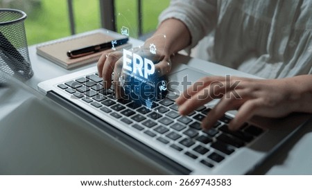 ERP platform visual showing centralized system for enterprise resource planning, improving integration, data flow, business efficiency, finance, inventory, and human resources. Spline