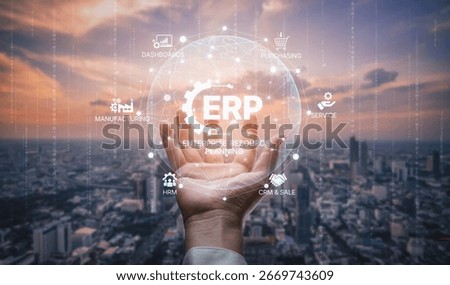 ERP platform visual showing centralized system for enterprise resource planning, improving integration, data flow, business efficiency, finance, inventory, and human resources. Spline