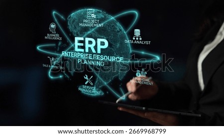 ERP platform visual showing centralized system for enterprise resource planning, improving integration, data flow, business efficiency, finance, inventory, and human resources. Muxer