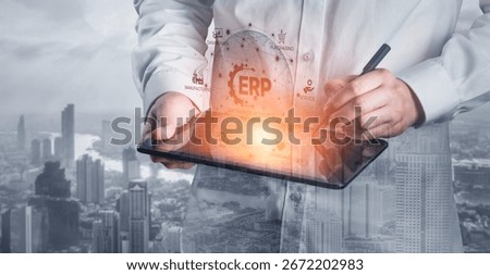 ERP platform visual showing centralized system for enterprise resource planning, improving integration, data flow, business efficiency, finance, inventory, and human resources. Spline