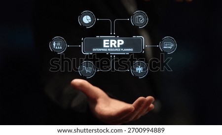 ERP platform visual showing centralized system for enterprise resource planning, improving integration, data flow, business efficiency, finance, inventory, and human resources. Muxer