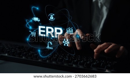 ERP platform visual showing centralized system for enterprise resource planning, improving integration, data flow, business efficiency, finance, inventory, and human resources. Muxer