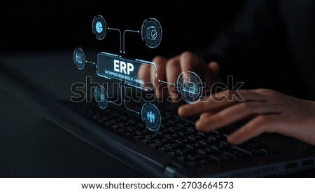 ERP platform visual showing centralized system for enterprise resource planning, improving integration, data flow, business efficiency, finance, inventory, and human resources. Muxer