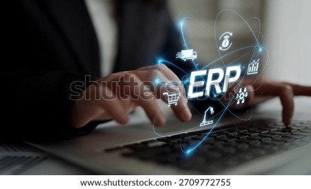 ERP platform visual showing centralized system for enterprise resource planning, improving integration, data flow, business efficiency, finance, inventory, and human resources. Muxer