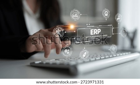 ERP platform visual showing centralized system for enterprise resource planning, improving integration, data flow, business efficiency, finance, inventory, and human resources. Spline