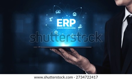 ERP platform visual showing centralized system for enterprise resource planning, improving integration, data flow, business efficiency, finance, inventory, and human resources. Spline