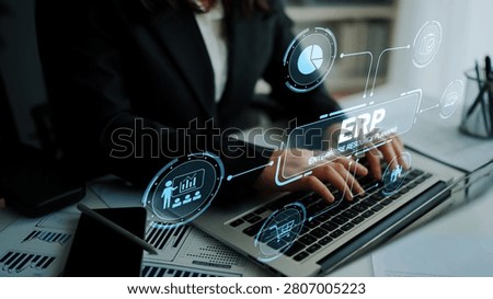 ERP platform visual showing centralized system for enterprise resource planning, improving integration, data flow, business efficiency, finance, inventory, and human resources. Muxer