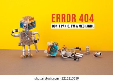 Error 404 page not found. Robot mechanic looks at a broken robot on the ground. - Shutterstock ID 2213213359