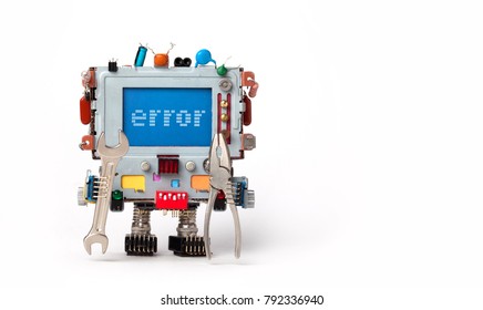 Fehler Concept Poster. Handyman Roboter-Computer mit Hand-Zangen auf weißem Hintergrund. Textmeldung Fehler auf blauem Bildschirm. Kopiert Platz.