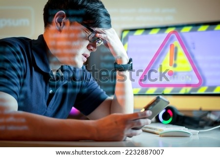 Error Mistake Alert Concept. Not Found 404 Error Failure Warning Problem Concept. Stressed user using laptop computer with warning triangle warning for error alert and maintenance concept.