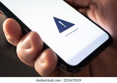 Error in phone. No signal or online connection, slow internet alert. Smartphone broken or problem with mobile app. Missing wifi or bad coverage. Virus, ransomware or malware in cellphone. Fail message - Shutterstock ID 2251479529