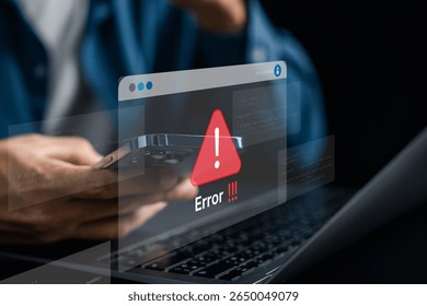 Error popup warning on website with alert symbol, showing web bug or failure during online usage. Ideal for system crash, software glitch, cybersecurity threat, or data error concept.