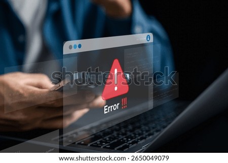 Error popup warning on website with alert symbol, showing web bug or failure during online usage. Ideal for system crash, software glitch, cybersecurity threat, or data error concept.